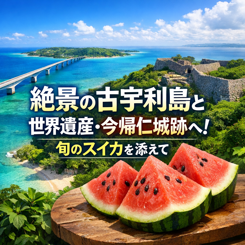 絶景の古宇利島と世界遺産・今帰仁城跡へ！旬のスイカを添えて