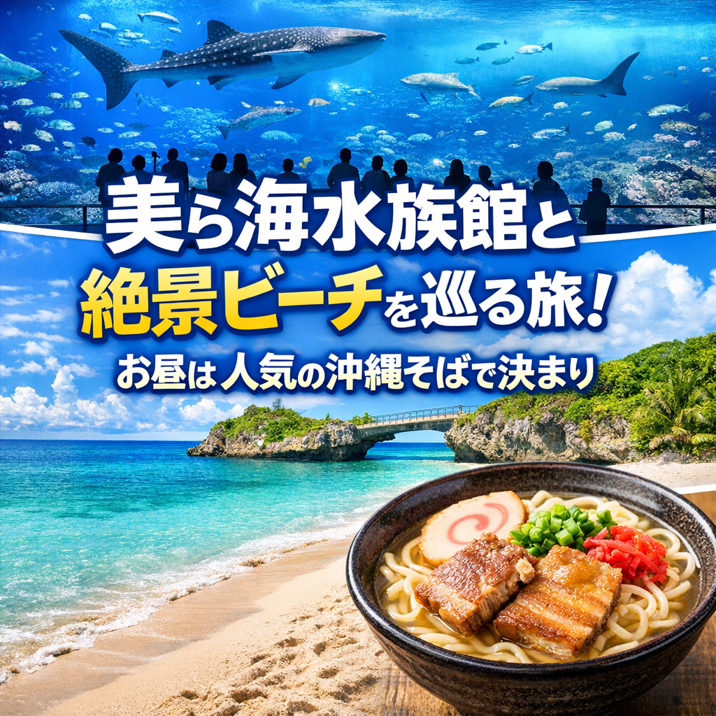 美ら海水族館と絶景ビーチを巡る旅！お昼は人気の沖縄そばで決まり