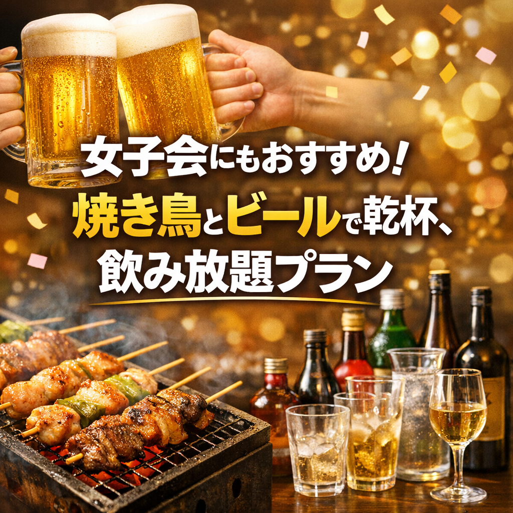 女子会にもおすすめ！焼き鳥とビールで乾杯、飲み放題プラン